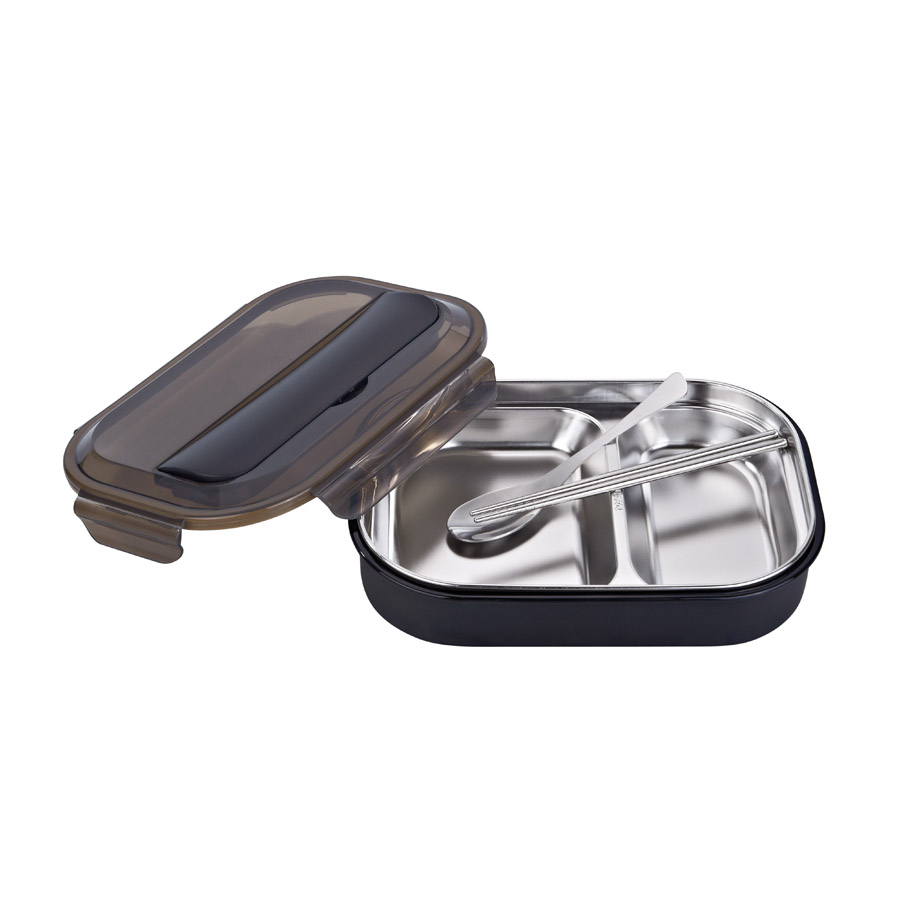 R-8844 黑色 美時不銹鋼套裝飯盒（2格）材質(zhì)：PP+304不銹鋼 產(chǎn)品尺寸：（cm）長25.5x寬18.2x高6.jpg