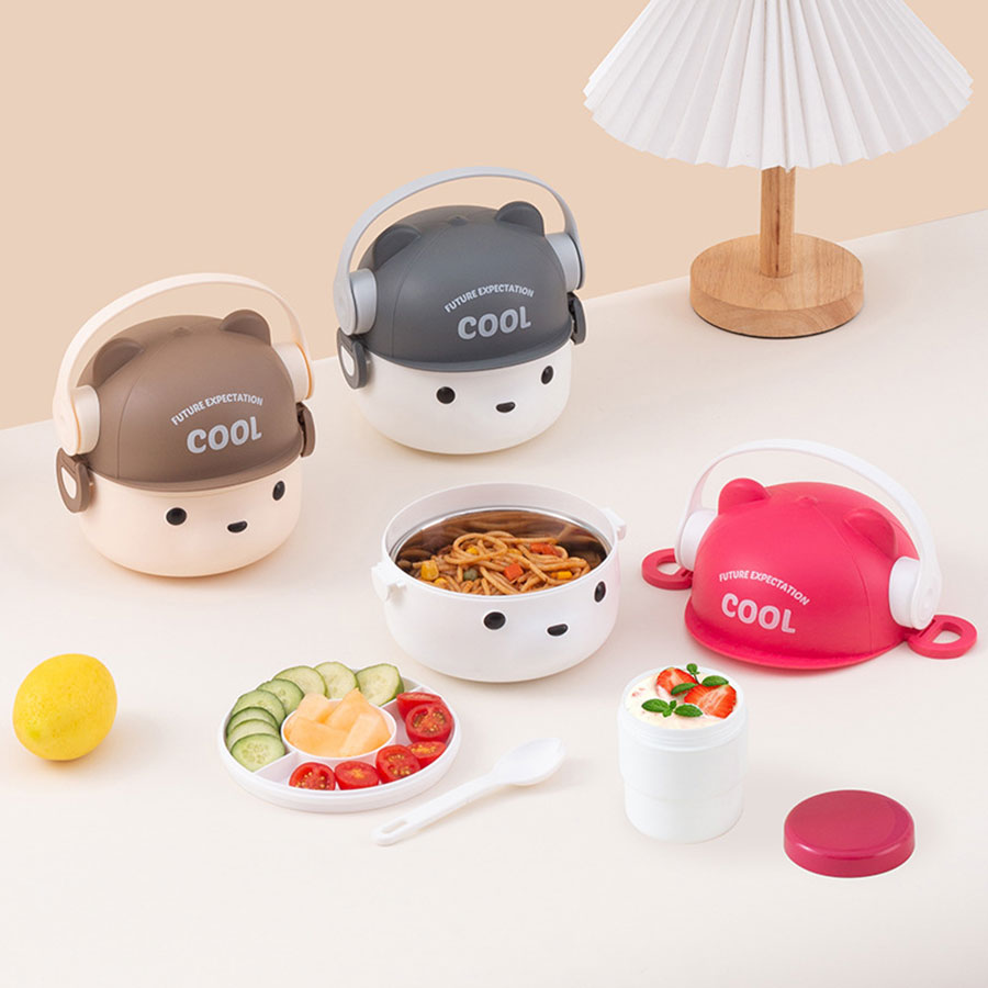 可愛帽子耳機(jī)熊飯盒/
